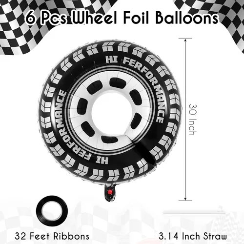 Vista 2 de 6 globos de rueda grandes, globos de aluminio de 30 pulgadas, globos de rueda de coche de carreras, decoraciones de fiesta de autos de carreras