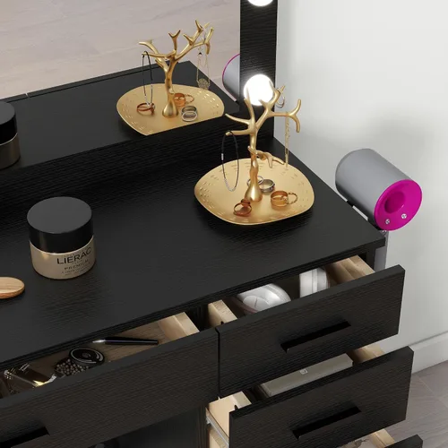 Vista 6 de Escritorio de tocador con espejo grande y luces, 11 cajones, mesa de maquillaje con taburete, 3 modos de iluminación, brillo ajustable, tocador