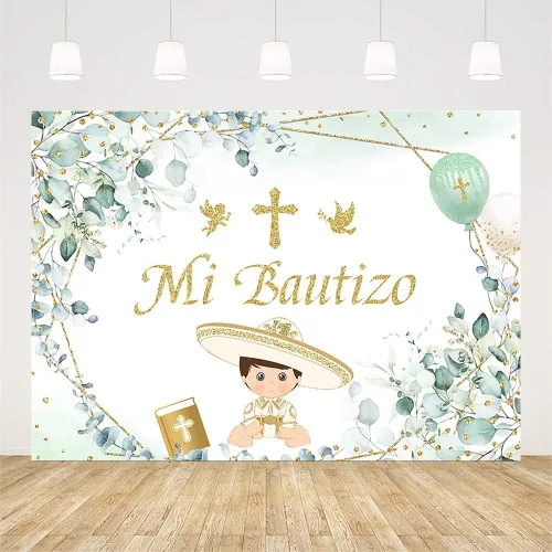 Vista 2 de AIBIIN Telón de fondo Mi Bautizo de 7 x 5 pies para niño, verde, eucalipto, ángel, fotografía, fondo, primera comunión, bautizo, suministros