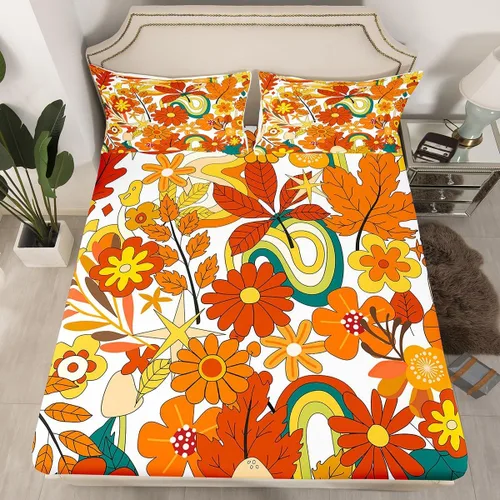 Vista 17 de Juego de ropa de cama con diseño floral bohemio, tamaño individual, diseño retro de flores groovy, 60S y 70S, diseño de flores hippie para niños