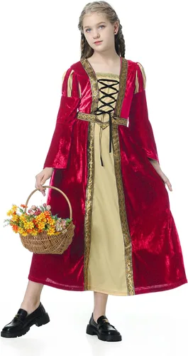 Vista 6 de yolsun Vestido medieval para niñas, disfraz de princesa renacentista para Halloween