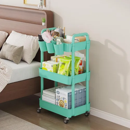 Vista 6 de UDEAR Carrito utilitario rodante de 3 niveles, estantes de almacenamiento multifuncionales con asa y ruedas con cerradura para habitación, oficina