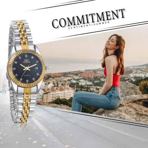Vista 3 de JewelryWe Luxury Couple Watches Men Women Gold-Silver Tone Stainless Steel Wristwatch Watch His and Her Quartz Calendar Watch Set, for Christmas