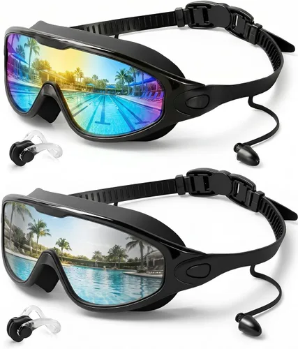 Vista 16 de Swim Goggles 2 Pack, Wide View Anti Fog&UV Swimming Goggles for Audlt, No Leak Pool Beach Essentials for Men Women Azul claro y rosa espejado