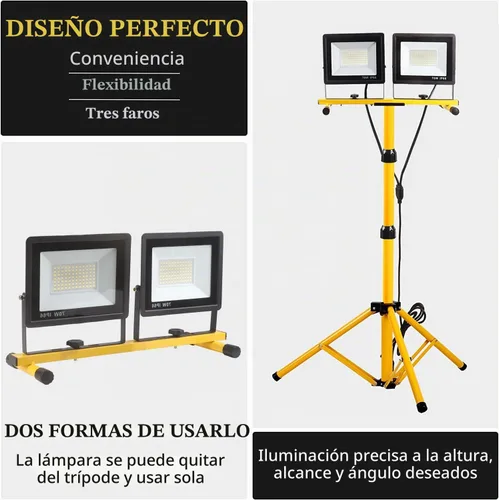 Vista 5 de Luces de trabajo de 22000 lúmenes con soporte, luz de trabajo LED de 2 cabezales ajustables, con soporte de trípode ajustable y plegable, lámpara