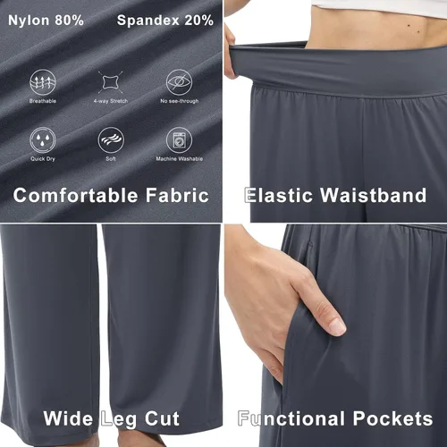 Vista 4 de Pantalones de pierna ancha para mujer, pantalones de yoga sueltos, cómodos, pijama, casual, holgados, palazzo, con bolsillos