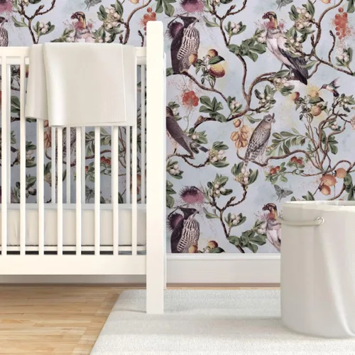 Vista 6 de Muestro de papel tapiz removible – Vintage Birds Acuarela Chinoiserie Antiqued of Prey Blue Green Gray Botánico Personalizado Papel pintado