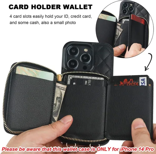 Vista 4 de Bocasal Funda tipo cartera cruzada para iPhone 14 Pro, con bloqueo RFID, de piel sintética, con cremallera, funda tipo cartera con función atril