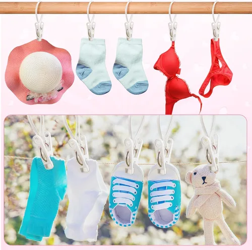 Vista 7 de Honeydak Paquete de 30 Ganchos Multiusos para Lavandería Clips Colgantes a Granel con Clips Colgadores de Cuerda de Plástico para Ropa de Bebé Blanco