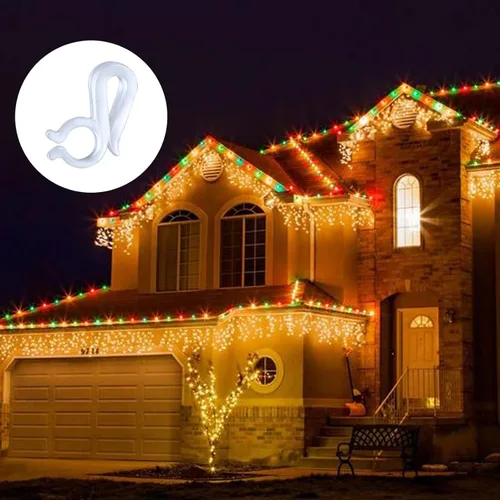 Vista 6 de Paquete de 100 clips para luces navideñas, clips para luces de Navidad para exteriores, gancho para canalones para decoración navideña de interiores
