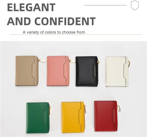 Vista 7 de Cartera de piel con bloqueo RFID, plegable, compacta, tarjetero para mujer, con cremallera y bolsillo para monedas con ventana de identificación
