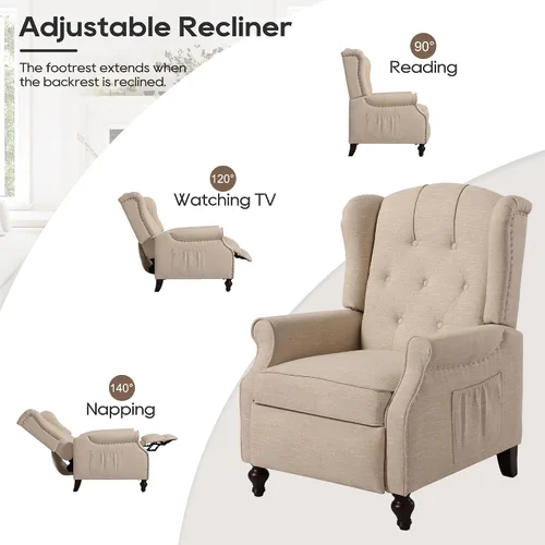 Vista 4 de Silla Wingback con masaje y calor, silla reclinable de tela copetuda, silla reclinable con respaldo de ala con control remoto, cojín acolchado