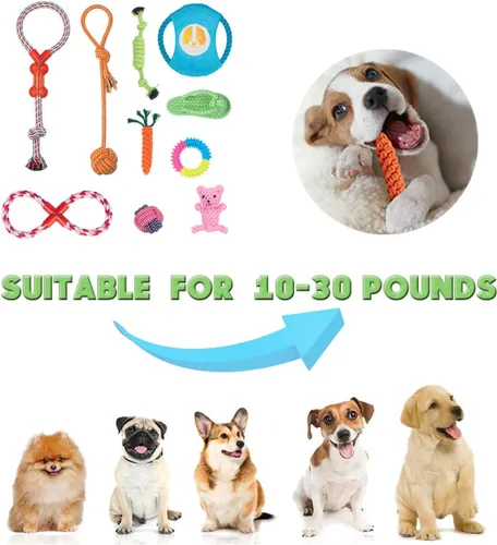 Vista 2 de Juguetes masticables para perros pequeños a medianos – Paquete de 10 juguetes resistentes para perros, juguete interactivo de dentición de cuerda