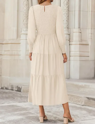 Vista 3 de ZESICA Vestido midi casual de manga larga con cuello redondo, cintura alta, fruncido, fluido y escalonado para mujer