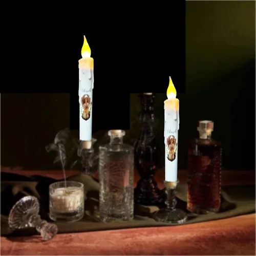 Vista 4 de Velas cónicas sin llama primitivas con temporizador, velas LED parpadeantes de 6.75 pulgadas, vela decorativa sin goteo para Halloween, Navidad