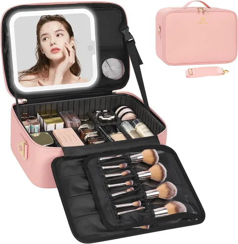 Vista 18 de Relavel Estuche de maquillaje con espejo LED, 01-Negro, Bolsa de maquillaje de viaje con espejo LED para niñas Compact Cosmetic Makeup Organizer