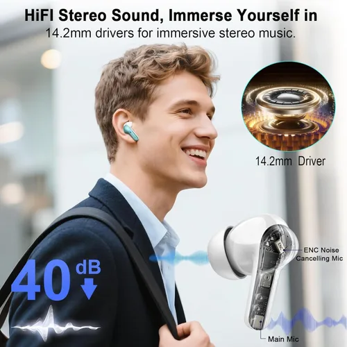 Vista 2 de Auriculares inalámbricos, Auriculares Bluetooth 5.4 HiFi Estéreo, Auriculares con 4 Micrófonos ENC de Cancelación de Ruido, Auriculares Bluetooth