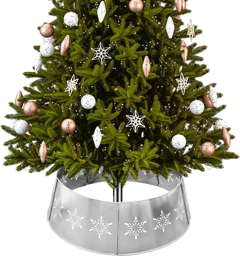 Vista 4 de AuldHome Design Collar de árbol estilo granja con copos de nieve (base de 29 pulgadas de diámetro, plateado), esmaltado vintage, adorno para árbol