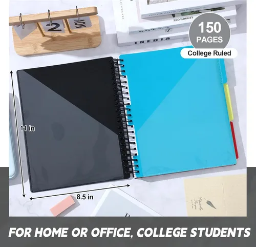 Vista 2 de Yeaqee 2 Pack 3 Subject Notebook College Ruled 8.5 x 11, 300 Pages (150 Sheets) 3 Subject Black Spiral Notebook with Tabs, Pocket Dividers Multi