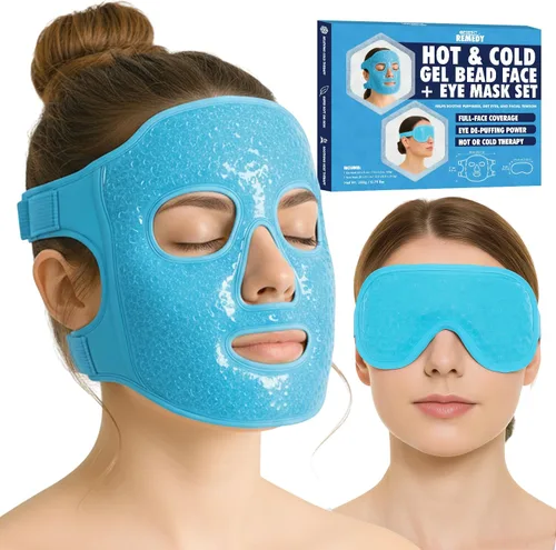 Vista 9 de Perfect Remedy Paquete de hielo facial, máscara facial reutilizable de hielo frío y caliente, compresa de gel para ayudar con ojos hinchados y Azul