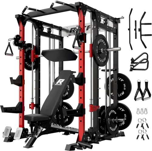 Vista 11 de RitFit Máquina Buffalo Smith, jaula eléctrica con sistema LAT-Pull Down y sistema de cruce de cables, estante de sentadillas todo en uno