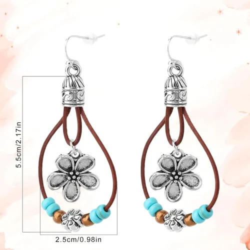 Vista 2 de Boho Flower Earrings,Bohemian Western Leather Dangle Drop Earrings with Nature Stones Vintage Handmade Country Concert Outfits Accessories for Women