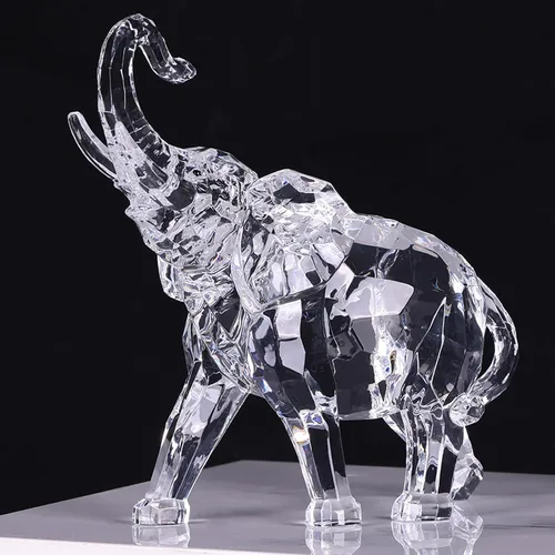Vista 9 de Figuras de elefante acrílico transparente con acabado de cristal, estatuas africanas de alta gama para decoración del hogar, elefante con tronco