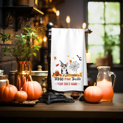 Vista 2 de Trucos para golosinas Black Labrador Retriever Toalla de cocina de Halloween, decoración de otoño de laboratorio negro