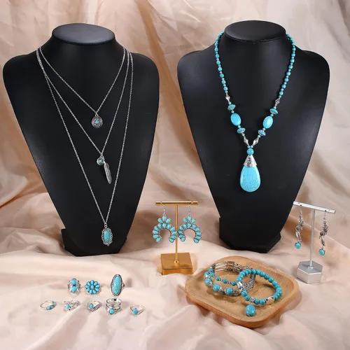 Vista 7 de FUNRUN JEWELRY Western Jewelry - Collares bohemios del oeste para mujer, aretes colgantes de turquesa, anillos para nudillos, pulsera envolvente