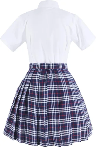 Vista 7 de Uniforme escolar japonés de tartán con falda plisada para cosplay con calcetines y set de montura de gafas Gris