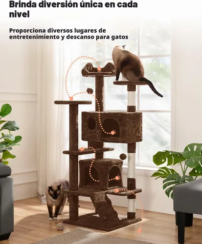 Vista 2 de Yaheetech Torre de árbol para gatos de 54 pulgadas, 2 cuevas, perca de Marrón