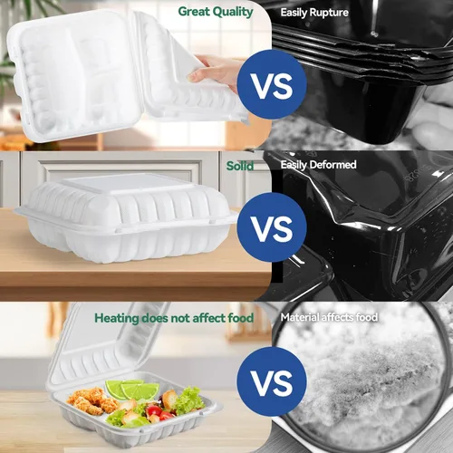 Vista 3 de Recipientes para alimentos de 7.8" 30 onzas, paquete de 65 unidades, plástico de polipropileno relleno mineral sin BPA, 3 compartimentos envoltorio