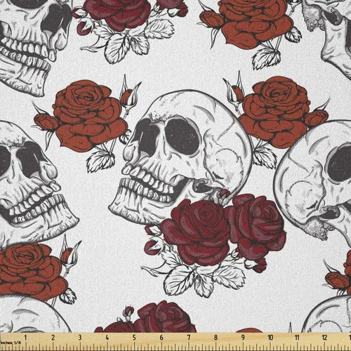 Vista 54 de Ambesonne The Yard, tela de calavera colorida con temática de Halloween, diseño de calavera y huesos cruzados, divertido estampado de dibujos
