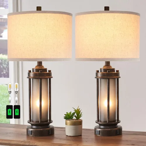 Vista 14 de Lámpara de mesa de granja de 25 pulgadas con 2 puertos de carga USB, lámpara de mesita de noche rústica vintage con luz nocturna de vidrio
