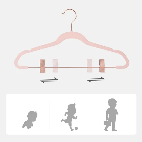 Vista 4 de SONGMICS Paquete de 24 Perchas para Pantalones, Perchas para Abrigos de 16.7 Pulgadas con Clips Móviles de Color Oro Rosa, Resistentes
