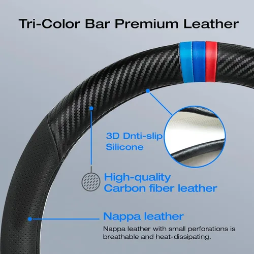 Vista 3 de Funda para volante de fibra de carbono, antideslizante y absorbente de sudor, fundas para volante de 15" para X5 X3, para hombres y mujeres, negra