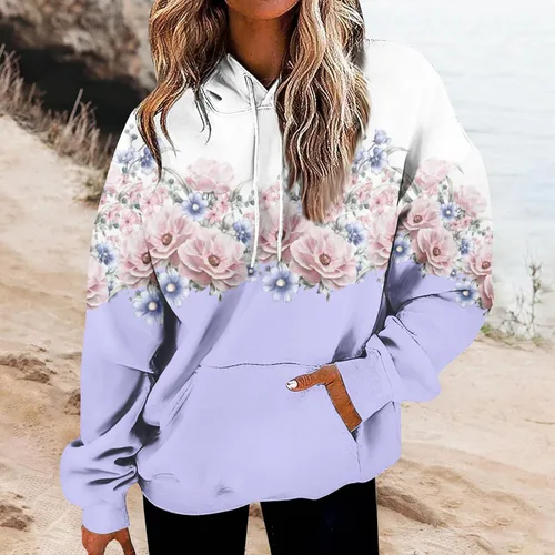 Vista 2 de Camisetas de manga larga, sudaderas con capucha con estampado floral para mujer, con cordón y bolsillos