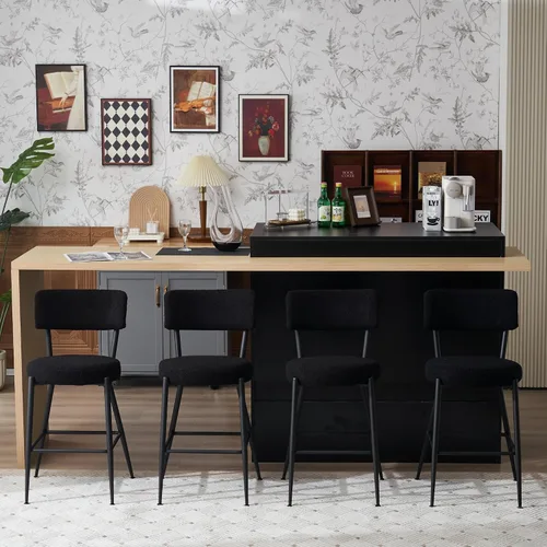 Vista 2 de Juego de 2 taburetes de bar tapizados de tela de peluche con respaldo, sillas de bar de comedor tapizadas modernas con patas de metal y reposapiés