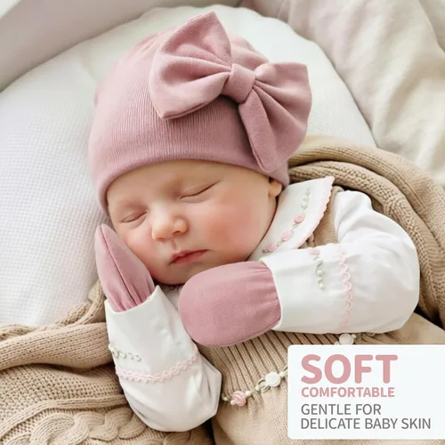 Vista 2 de BQUBO Gorros para Niñas Recién Nacidas Conjunto de Gorro y Manoplas para Bebé Gorros para Infantes con Moño Gorro de Hospital con Manoplas