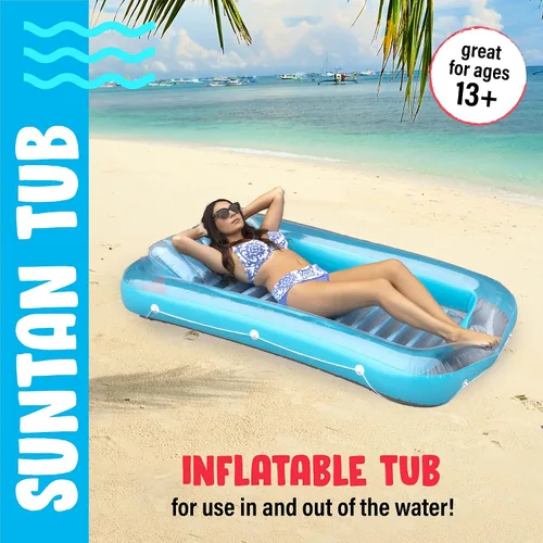 Vista 2 de Flotador inflable azul para tumbona de bronceado – Piscina personal con almohada – 13 años +