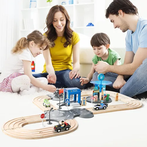 Vista 7 de Juego de 59 piezas de tren de madera para niños pequeños, tren de juguete con pista para niños de 3 a 6 años, set de juego de lujo de doble pista