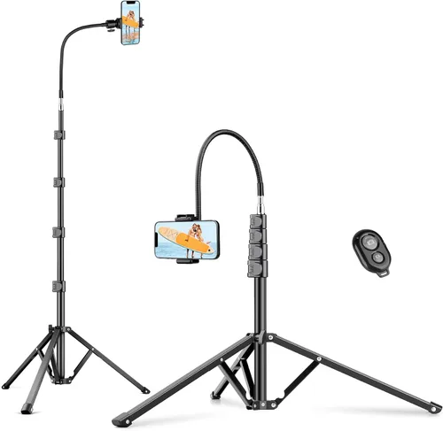 Vista 9 de Trípode de teléfono de 70 pulgadas con control remoto y soporte, soporte portátil para teléfono celular, palo selfie para grabación de video