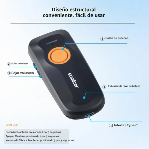 Vista 2 de Sumicor Escáner de código de barras inalámbrico, mini lector Bluetooth portátil, escáner láser 1D con indicador de nivel de batería, pequeño escáner