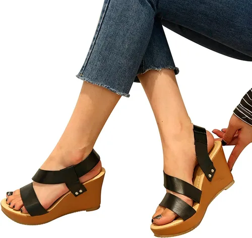 Vista 3 de HOSTINGG Sandalias de cuña para mujer, alpargatas de cuña para mujer, sandalias de plataforma con hebilla de tobillo y puntera abierta