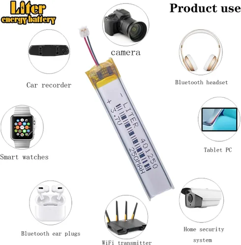 Vista 4 de Batería recargable de polímero de iones de litio de 3.7V 401250 250mAh con conector JST ACH-0.039 in