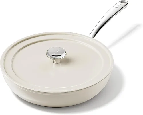Vista 9 de Sartenes de freír de cerámica Redchef antiadherentes de 9.5", sartén profunda de saltear de 2.4QT con tapa, olla grande jumbo con asa de Beige