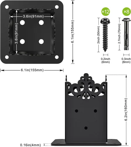 Vista 4 de Insaga Base de poste de 4 x 4, tamaño interior de 3.6 x 3.6 pulgadas, base de anclaje de poste de madera resistente para kit de valla de pérgola