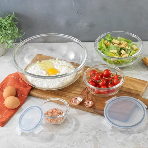 Vista 7 de JoyJolt Tazones para mezclar de cocina. Juego de 5 cuencos de vidrio con tapas, cuencos de anidación ordenados. Juego de tazones grandes