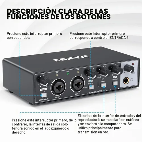 Vista 4 de Interfaz de audio EBXYA 2x2 - Tarjeta de sonido de grabación USB de 24 bits/192 kHz