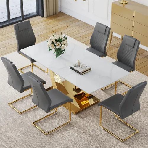 Vista 11 de Juego de mesa de comedor para 4, mesa de comedor de mármol sintético de 63 pulgadas con patas y base de acero inoxidable, sillas acolchadas